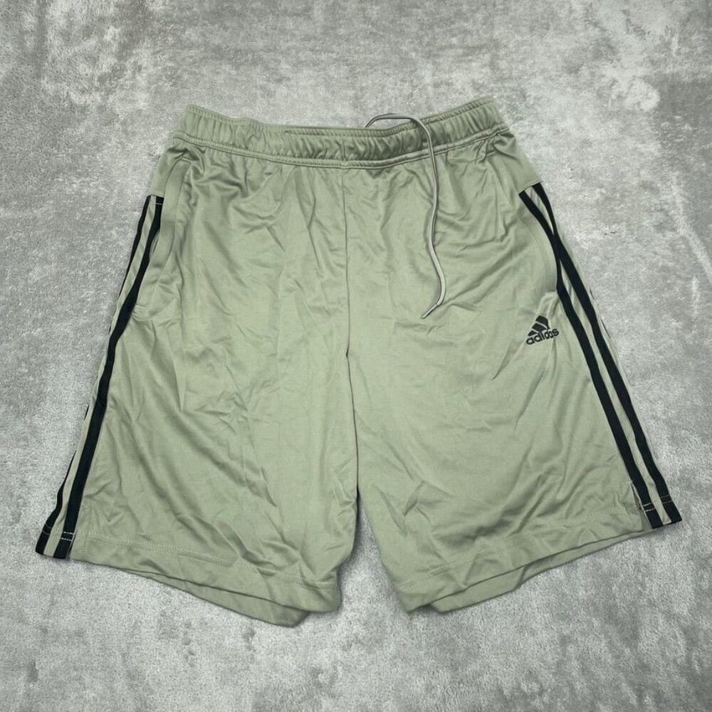 Adidas Mens M Beige Athletic Shorts With Logo & Stripes Elastic Waistband a0893